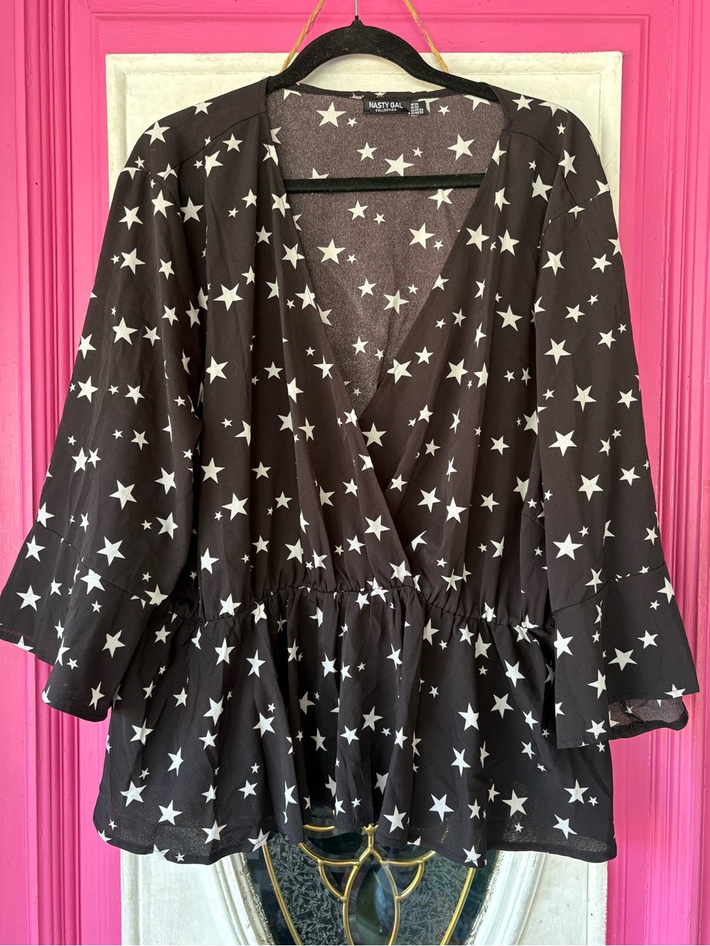 Nasty Gal Black Star-Print Wrap Peplum Blouse